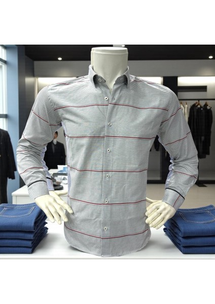 Klasik %100 Cotton Uzun Kollu Terletmeyen Kışlık 2 Renkli Çizgili Gömlek (Regular Kalıp) modelleri