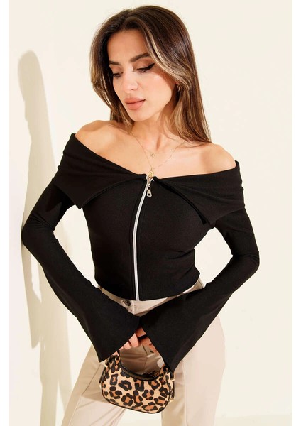 Nrtmsa Omzu Açık Fermuarlı Bluz Siyah T4330 (Beden: Xl)
