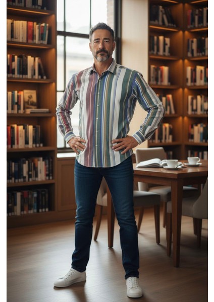 Klasik %100 Cotton Uzun Kollu Terletmeyen Kışlık 2 Renkli Çizgili Gömlek (Regular Kalıp)