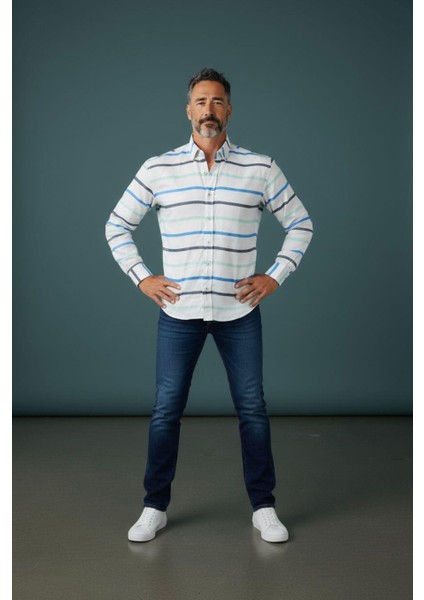 Klasik %100 Cotton Uzun Kollu Terletmeyen Kışlık 2 Renkli Çizgili Gömlek (Regular Kalıp)