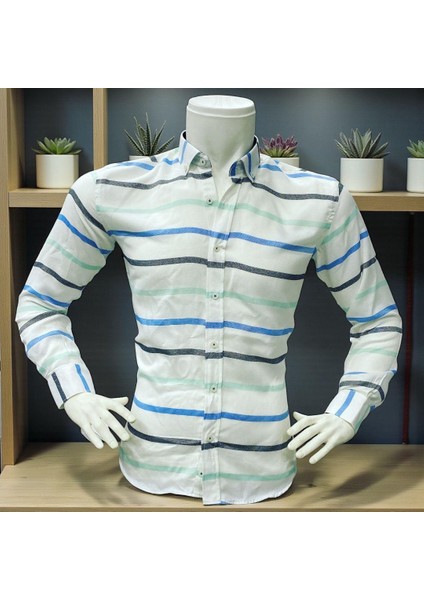 Klasik %100 Cotton Uzun Kollu Terletmeyen Kışlık 2 Renkli Çizgili Gömlek (Regular Kalıp) modelleri