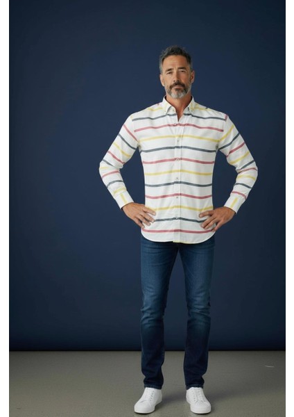 Klasik %100 Cotton Uzun Kollu Terletmeyen Kışlık 2 Renkli Çizgili Gömlek (Regular Kalıp)