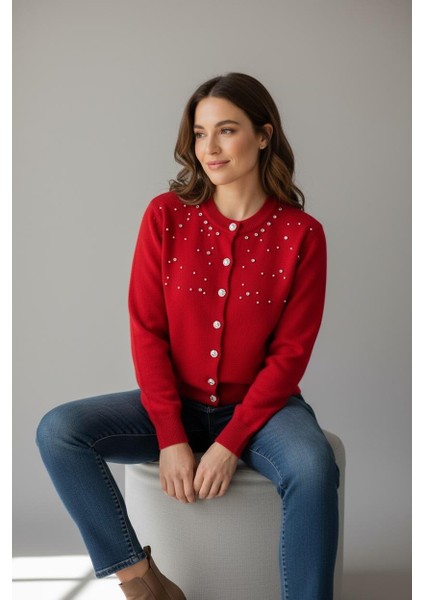 Boncuk Işlemeli Cotton Angora Triko Yünlü Uzun Kollu Hırka