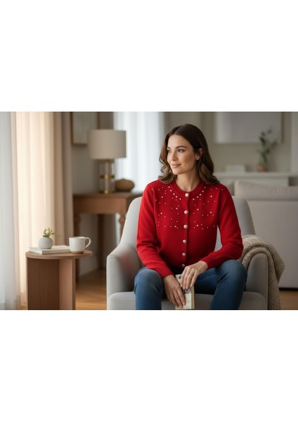 Boncuk Işlemeli Cotton Angora Triko Yünlü Uzun Kollu Hırka fiyatları