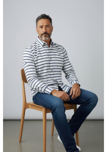 Klasik %100 Cotton Uzun Kollu Terletmeyen Kışlık 2 Renkli Çizgili Gömlek (Regular Kalıp)