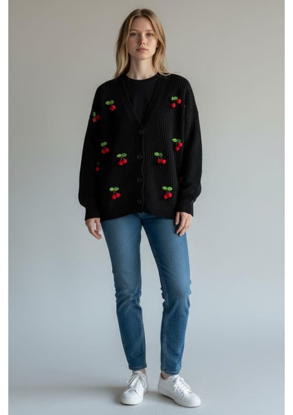 Triko Kiraz Detaylı Cotton Angora Yünlü Uzun Kollu Kazak