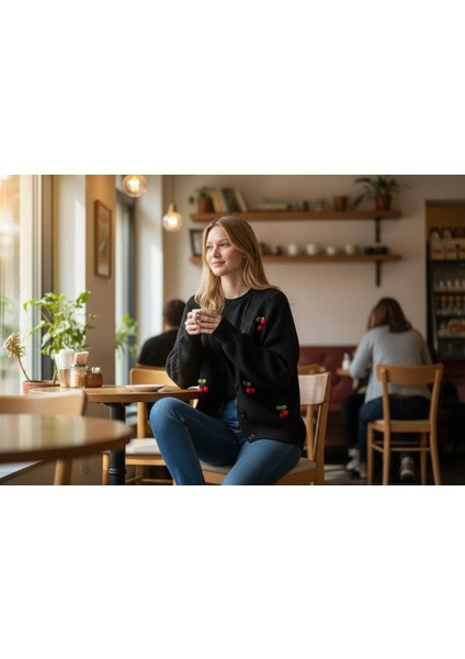 Triko Kiraz Detaylı Cotton Angora Yünlü Uzun Kollu Kazak fiyatları