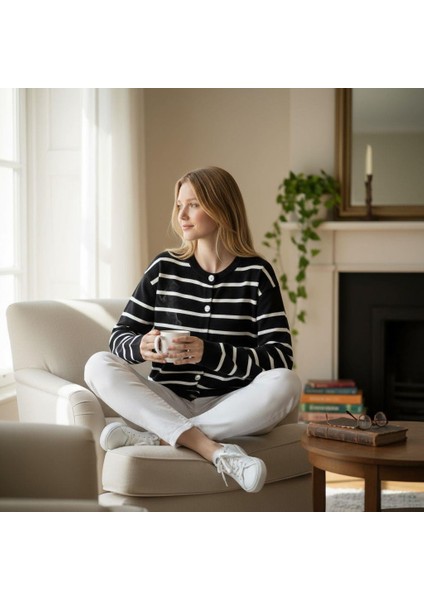 Triko Angora Cotton Çizgili Yünlü Uzun Kollu Hırka