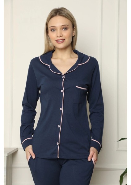 Giyim Kadın %100 Pamuk Penye Önden Düğmeli Uzun Kol Pijama Takım Lacivert fiyatları