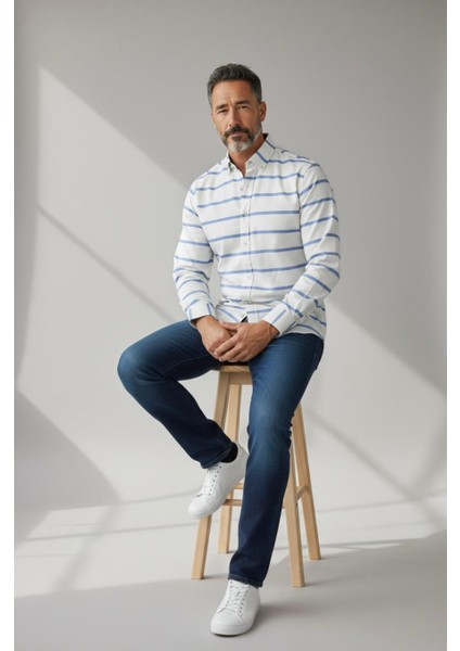 Klasik %100 Cotton Uzun Kollu Terletmeyen Kışlık 2 Renkli Çizgili Gömlek (Regular Kalıp)