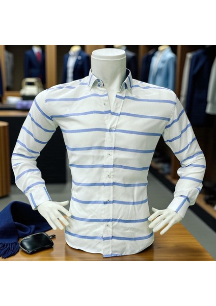 Klasik %100 Cotton Uzun Kollu Terletmeyen Kışlık 2 Renkli Çizgili Gömlek (Regular Kalıp) modelleri