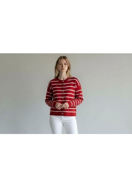 Triko Angora Cotton Çizgili Yünlü Uzun Kollu Hırka