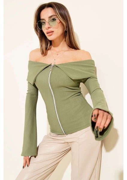 Nrtmsa Omzu Açık Fermuarlı Bluz Haki T4330 (Beden: S)