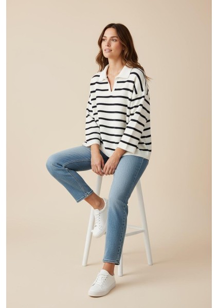 Angora Cotton Çizgi Desenli Kaliteli Yünlü Boncuk Işlemeli Cotton Angora Triko Yünlü Uzun Kollu Kazak