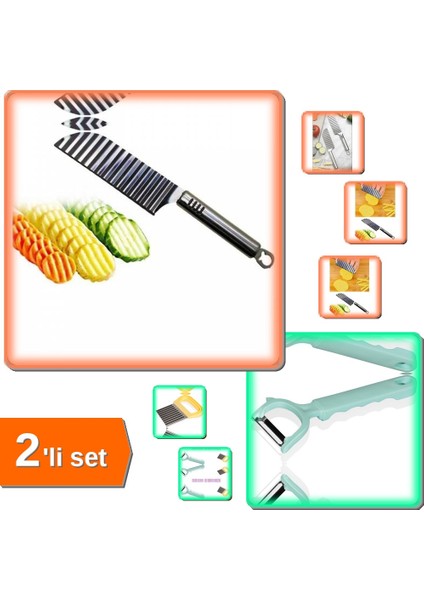 Tırtıklı Patates Sebze Kesme Bıçağı + Pratik Soyacak - Cips Doğrayıcı Hediyeli - 2li Set P5E9Z0
