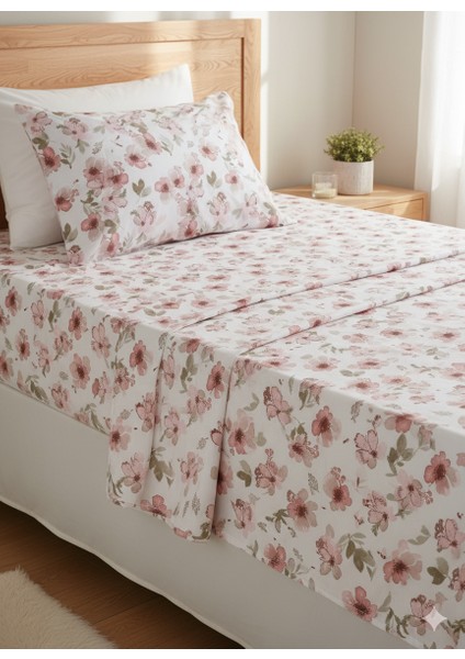 %100 Pamuklu Çiçek Desenli 120X200+50X70 cm Tek Kişilik Lastikli Çarşaf Takımı