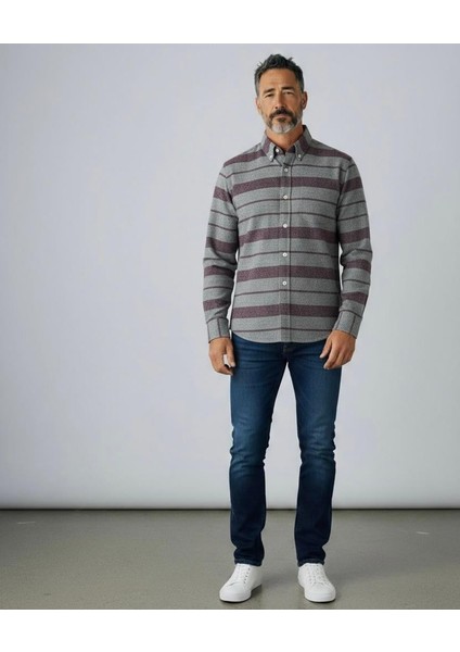 Klasik %100 Cotton Uzun Kollu Terletmeyen Kışlık 2 Renkli Çizgili Gömlek (Regular Kalıp)