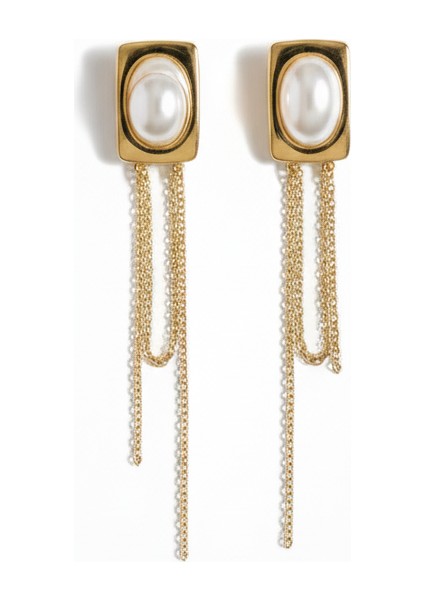 Çelik Kare Inci Sallantılı Küpe | Zincirli Şık Kararmaz Takı