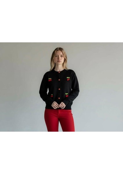 Triko Kiraz Detaylı Cotton Angora Yünlü Bisiklet Yaka Hırka