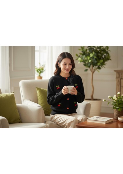 Triko Kiraz Detaylı Cotton Angora Yünlü Bisiklet Yaka Hırka fiyatları