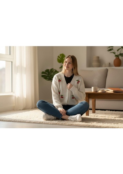 Triko Kiraz Detaylı Cotton Angora Yünlü Uzun Kollu Kazak fiyatları