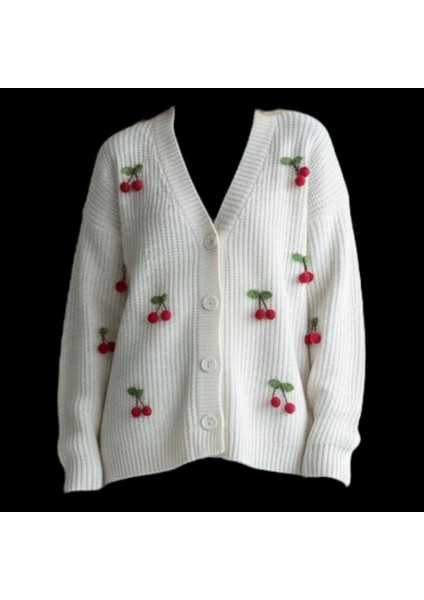 Triko Kiraz Detaylı Cotton Angora Yünlü Uzun Kollu Kazak modelleri