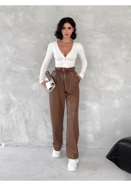 Bosel Kendinden Ince Kemerli Deri Pantolon Kahve T1178