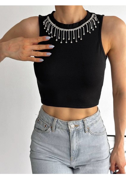 Fitilli Kaşkorse Yakası Zincirli Atlet Siyah