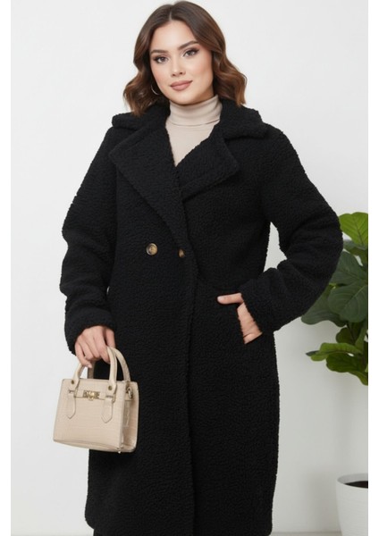 Peluş Düğmeli Astarlı Kadın Mont KS2544 Siyah - 44