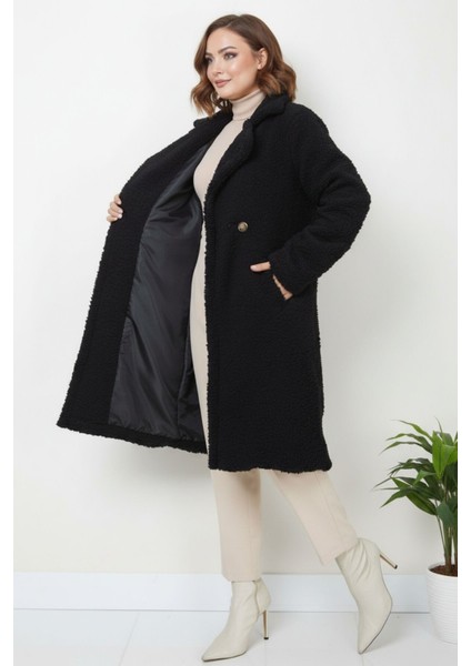 Peluş Düğmeli Astarlı Kadın Mont KS2544 Siyah - 44 modelleri