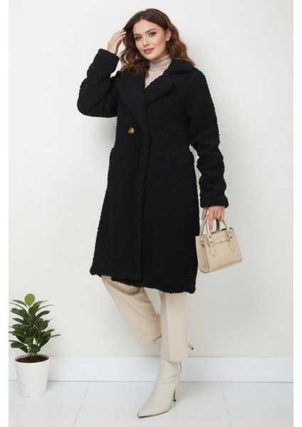 Peluş Düğmeli Astarlı Kadın Mont KS2544 Siyah - 44 indirimleri