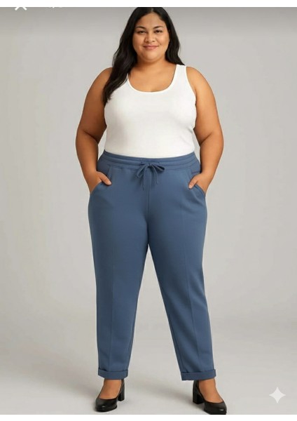 Büyük Beden Kadın %92 Pamuk %8 Likra Premium Kalite Yüksek Bel Duble Paça Bağcıklı Pantolon