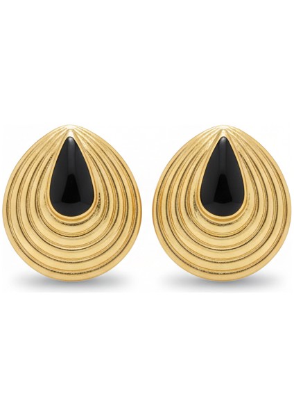 Çelik Siyah Onyx Yuvarlak Küpe Altın Rengi Şık Kararmaz Takı