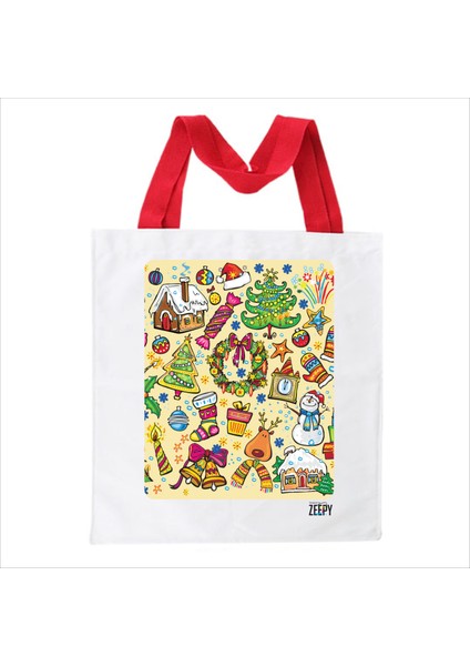 Zeepy Design Yılbaşı Konseptli Bez Omuz Çantası Kırmızı Saplı