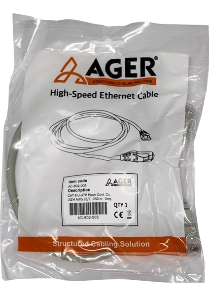 Ager AC-602-0025 25CM Utp Cat6 Patch Kablo Grı Cu, Lszh Awg 26/7