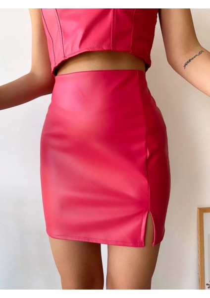 Lvsqvr Tek Yırtmaçlı Arkadan Fermuarlı Deri Etek Fuşya S24475 (Beden: S)