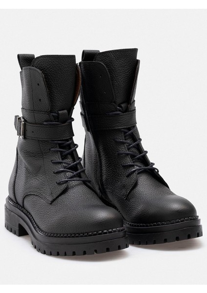 Siyah Hakiki Deri Fermuarlı Bağcıklı Kadın Bot modelleri