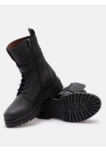Siyah Hakiki Deri Fermuarlı Bağcıklı Kadın Bot indirimleri