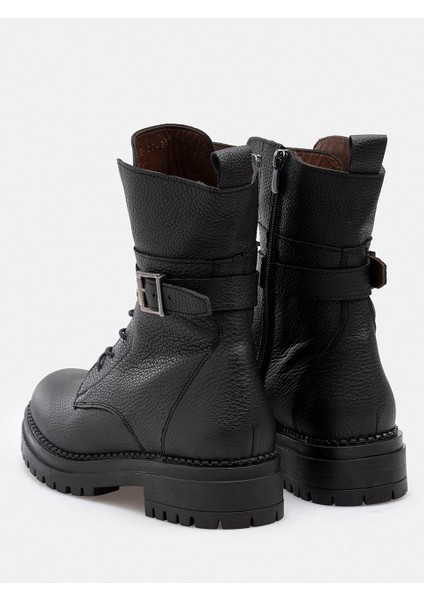 Siyah Hakiki Deri Fermuarlı Bağcıklı Kadın Bot