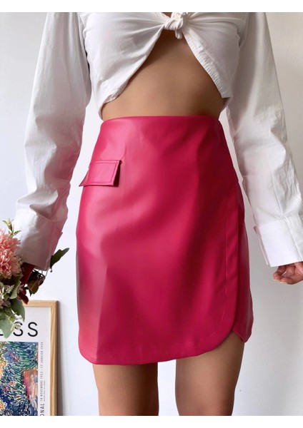 Lvsqvr Cep Detaylı Oval Kapaklı Deri Etek Fuşya H240048 (Beden: L)