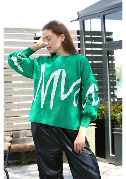 Lvsqvr Beyaz Çizgili Bisiklet Yaka Kazak Yeşil (Beden: Standart)