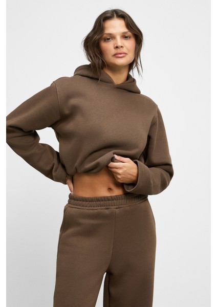 Astrıda Kadın Pamuklu Içi Polarlı Kapüşonlu Regular Beli Lastikli Cepli Geniş Paça Kahverengi Alt-Üst Takım fırsatları