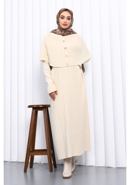 Krem Pelerin Detaylı Uzun Triko Elbise fiyatları