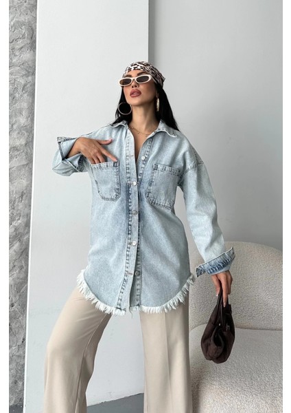 Lvsqvr Cepli Püsküllü Kar Yıkama Kot Ceket Mavi D2515 (Beden: 40)