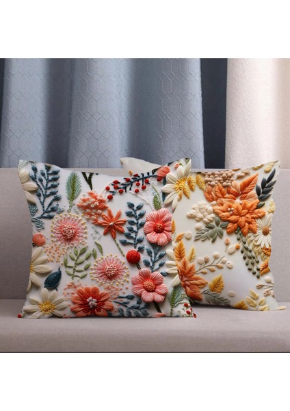 2 Li Kombin Punch Desen Çiçek Temalı Dijital Baskılı Kırlent Kılıfı