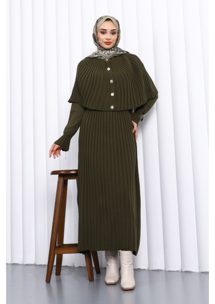 Haki Pelerin Detaylı Uzun Triko Elbise fiyatları