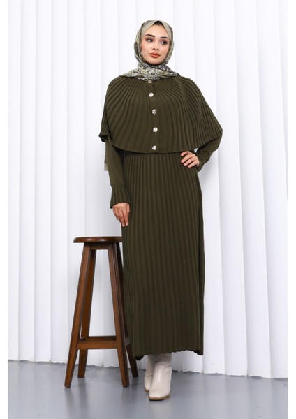 Haki Pelerin Detaylı Uzun Triko Elbise modelleri