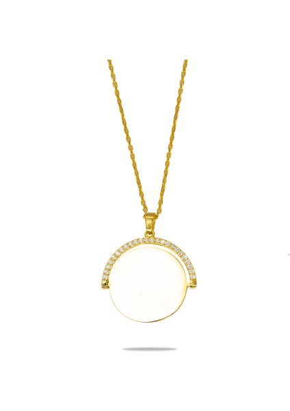 Zirkon Taşlı Yuvarlak Model Altın Renk Isme Özel Yazılı 925 Ayar Gümüş Kadın Kolye