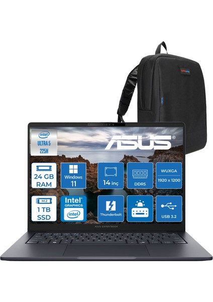 Expertbook B5 B5405CCA Intel® Core™ Ultra 5 225H 24GB Ddr5 1tb SSD 14.0-Inch, Wuxga (1920 x 1200) 300NITS WIN11HOME Taşınabilir Bilgisayar U516512B0DH08+ZETTAÇANTA