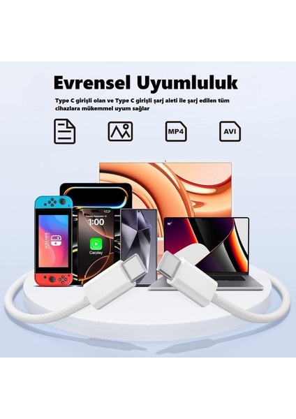 Type C-C 60WATT Örgülü Hızlı Şarj Kablosu, iPhone 15/16 ve Android Uyumlu, 1 mt